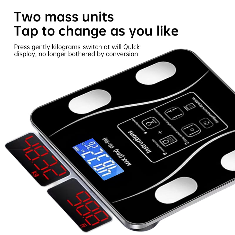 Bluetooth smart scale with app, full-body analysis, iOS/Android, 180kg, high-precision for fitness.