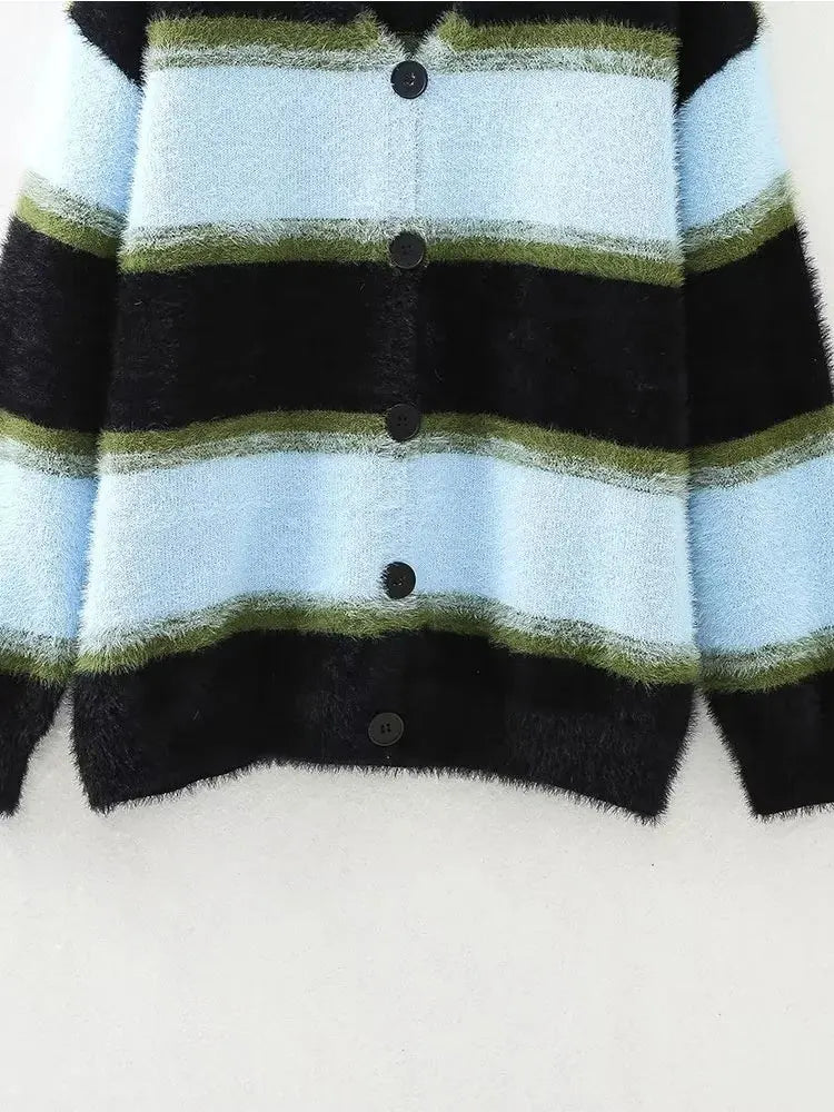 Striped Knitted Cardigan Woman Cropped Autumn Button Sweaters For Women Long Sleeve Coats