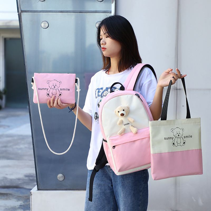 College style backpack bear backpack Girls high school student schoolbag three piece set
