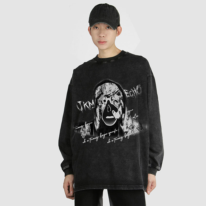 American Retro Dark Printed Vintage Washed Oversize Trendy Street Men's and Women's Round Neck Sweaters