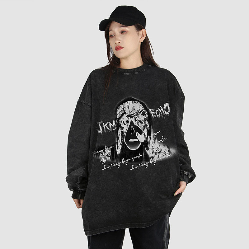 American Retro Dark Printed Vintage Washed Oversize Trendy Street Men's and Women's Round Neck Sweaters
