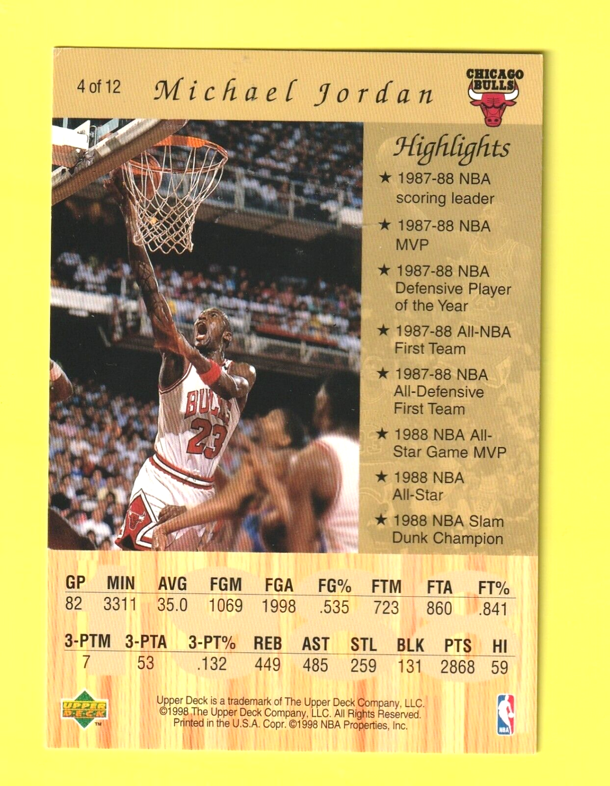 1998 Upper  Deck -  MICHAEL JORDAN  - Gatorade Postcard NBA  #4 of 12   -  3.5/5