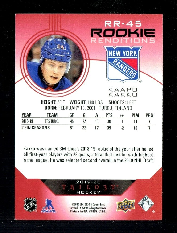 2019/20 UPPER DECK TRILOGY KAAPO KAKKO 562/799 ROOKIE RENDITIONS RANGERS