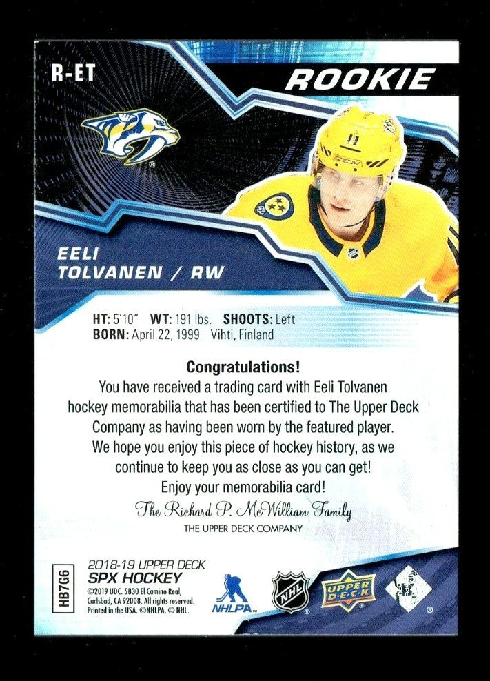 2018-19 UPPER DECK SPX EELI TOLVANEN ROOKIE MATERIAL PARALLEL JERSEY R-ET PREDS.