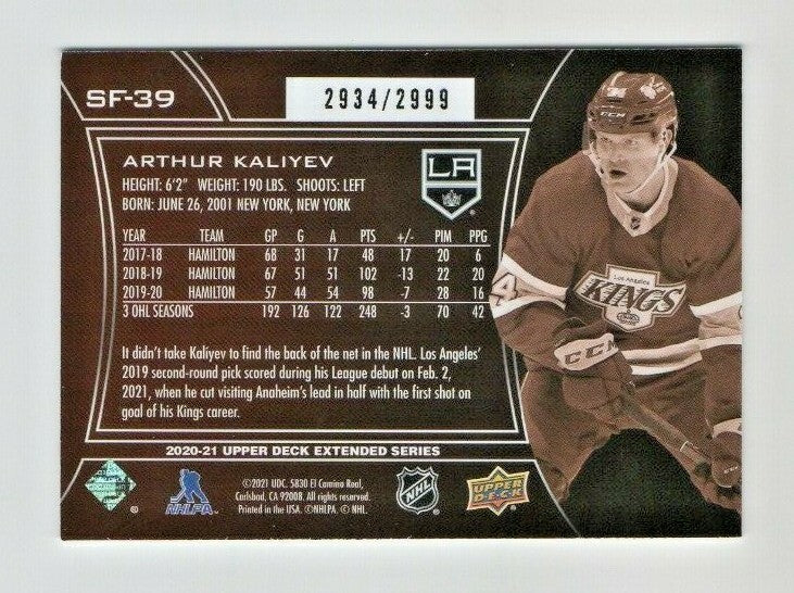 2020-21 UD EXTENDED SERIES 3 ARTHUR KALIYEV SPX FINITE ROOKIE CARD /2999 #SF-39 