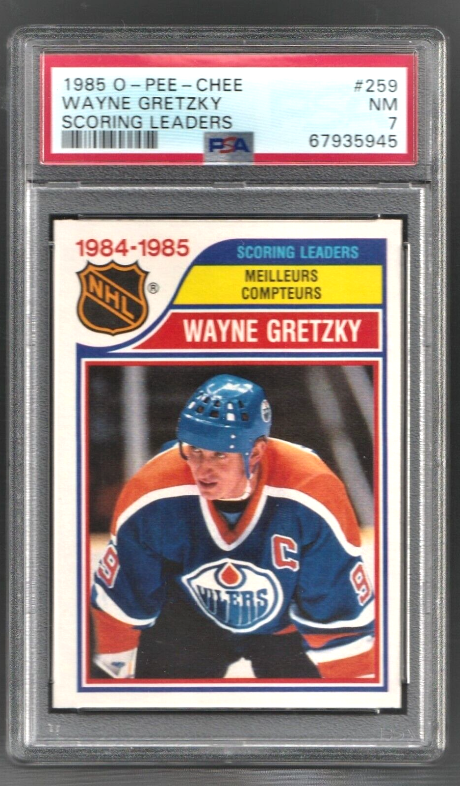 1985 O-Pee-Chee  Wayne Gretzky  -  Scoring Ldrs. #259 PSA 7 NM - Edmonton Oilers