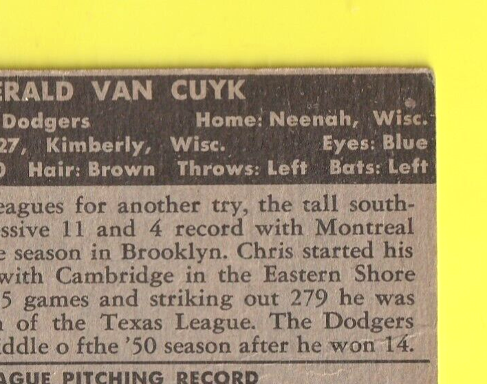 1952 Topps Baseball #53 -  Chris Van Cuyk - Brooklyn Dodgers RC- VG - Black Back