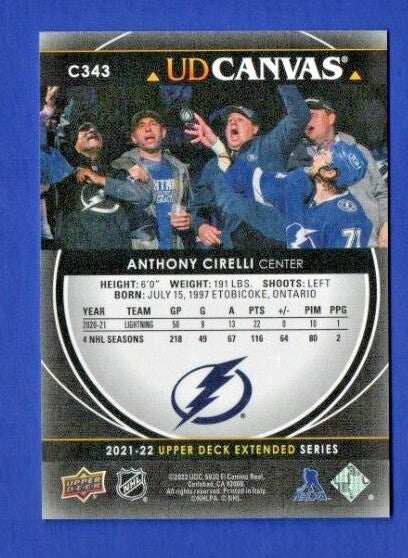2021-22 UD Extended Anthony Cirelli BLACK UD CANVAS SP #C343 Tampa Bay Lightning