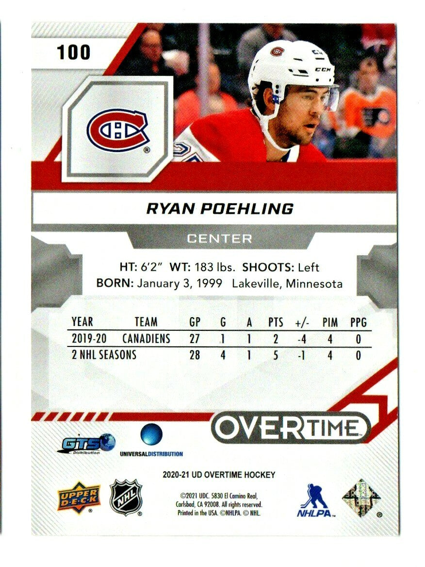 2020-21 UD Overtime Wave 2 Base Red #100 Ryan Poehling 99/99 Montreal Canadiens