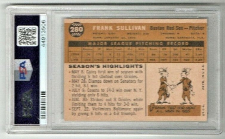 1960 Topps #280, Frank Sullivan, Boston Red Sox, Pitcher  -   PSA 7, NM