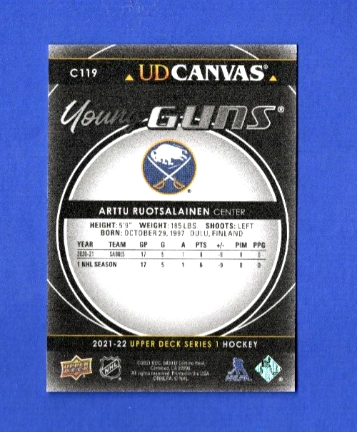 2021-22 Upper Deck Black Canvas Young Guns #C119 Arttu Ruotsalainen Sabres RC
