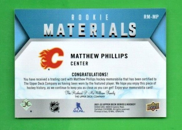 Matthew Phillips 2021-22 UD Series 2 Rookie Materials BLACK  Jersey  -  RM-MP