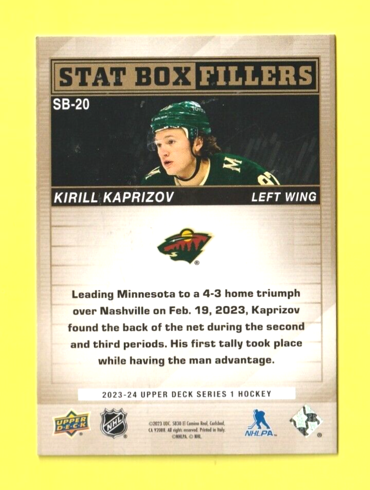 2023-24 Upper Deck Series 1 Stat Box Fillers   Gold   #SB-20  -  Kirill Kaprizov