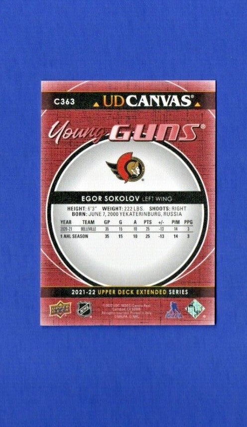 #C363 Egor Sokolov Canvas Young Guns 2021-22 Upper Deck Extended Ottawa Rookie 