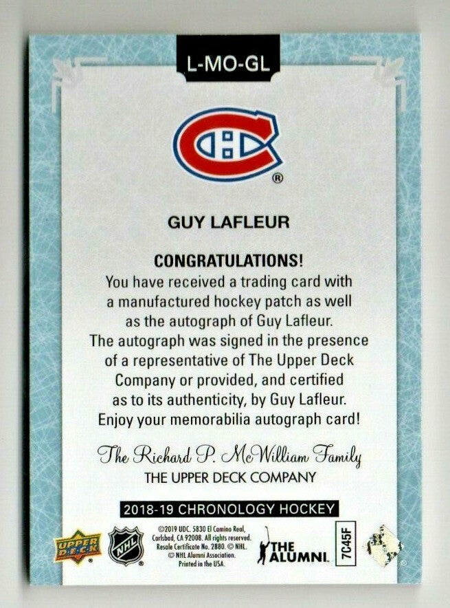 2018-19 Chronology Letterman Patches - Guy Lafleur  MONTREAL CANADIENS "L" 10/10