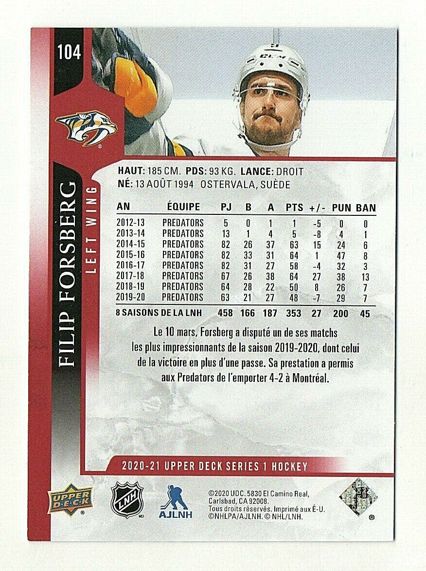 2020-21 Upper Deck Exclusives  Filip Forsberg French Back Error - Nashville
