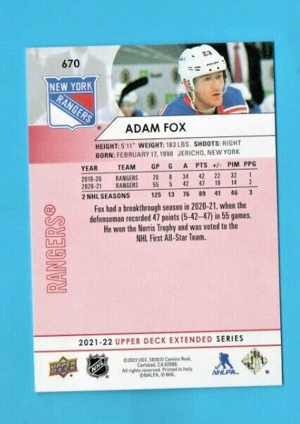 Adam Fox 2021-22 Upper Deck Extended #670 Exclusives  086/100 - New York Rangers
