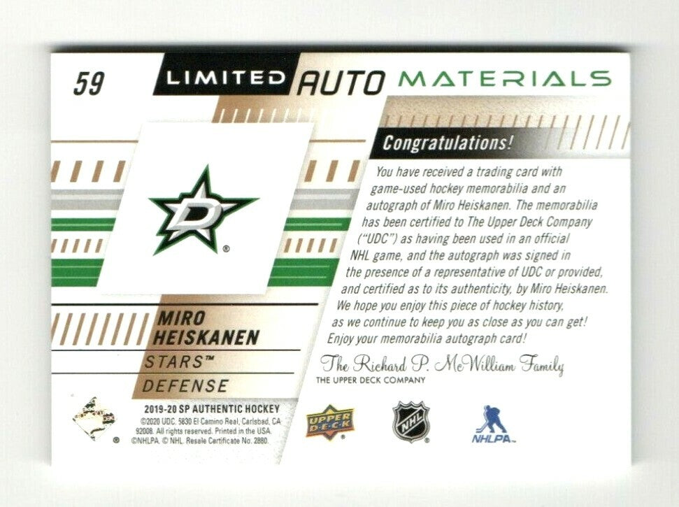 2019-20 SP AUTHENTIC LIMITED MATERIALS 2 COLOR PATCH AUTO MIRO HEISKANEN 068/100