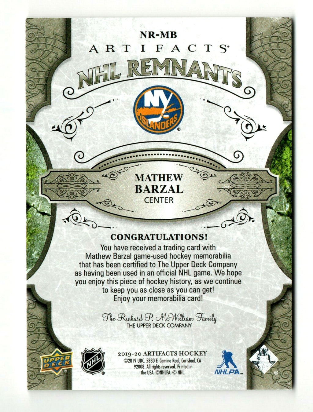 2019-20 Upper Deck Artifacts NHL Remnants Mathew Barzal NR-MB New York Islanders