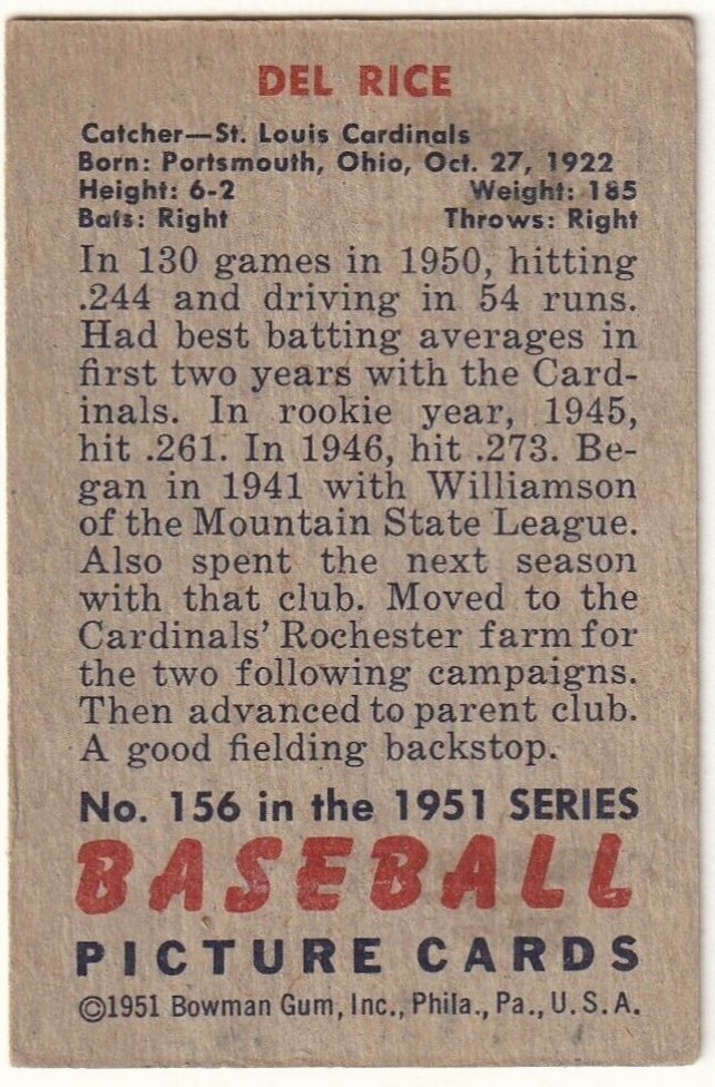 1951 Bowman  -  Del Rice   -  St. Louis Cardinals  #156   VG-EX.
