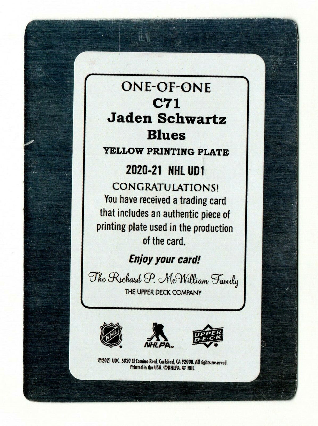2020-21 Upper Deck Canvas C71 Yellow 1 of 1 printing plate JADEN SCHWARTZ- Blues