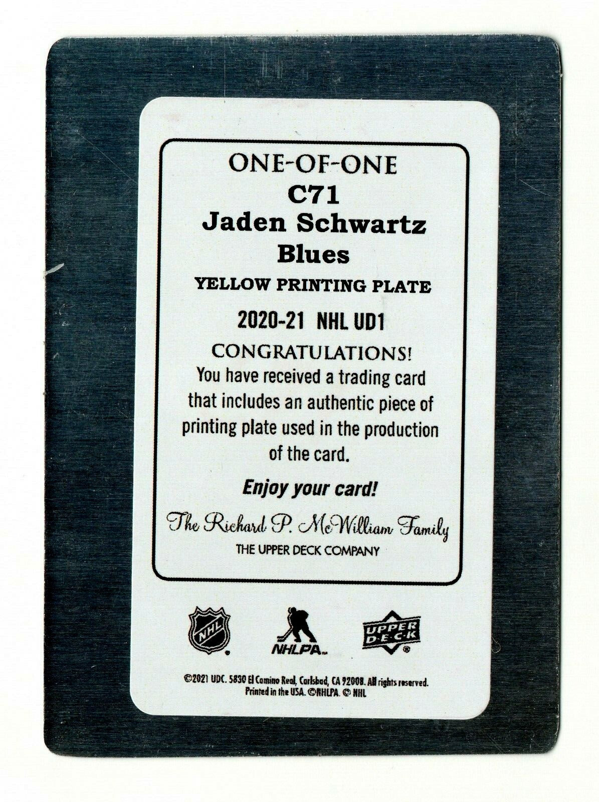2020-21 Upper Deck Canvas C71 Yellow 1 of 1 printing plate JADEN SCHWARTZ- Blues