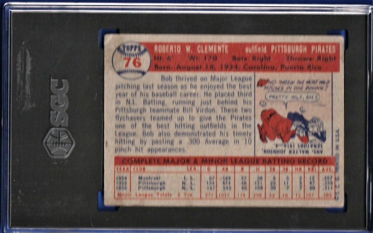 1957 Topps    -    Roberto Clemente    -     Pittsburg Pirates   #76   -   SGC 3
