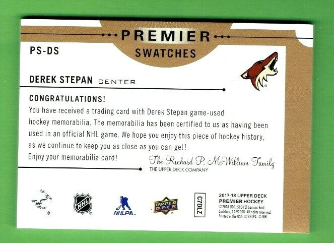 2017-18 Upper Deck Premier Derek Stepan 3 color  Patch card 6/40 Arizona Coyotes