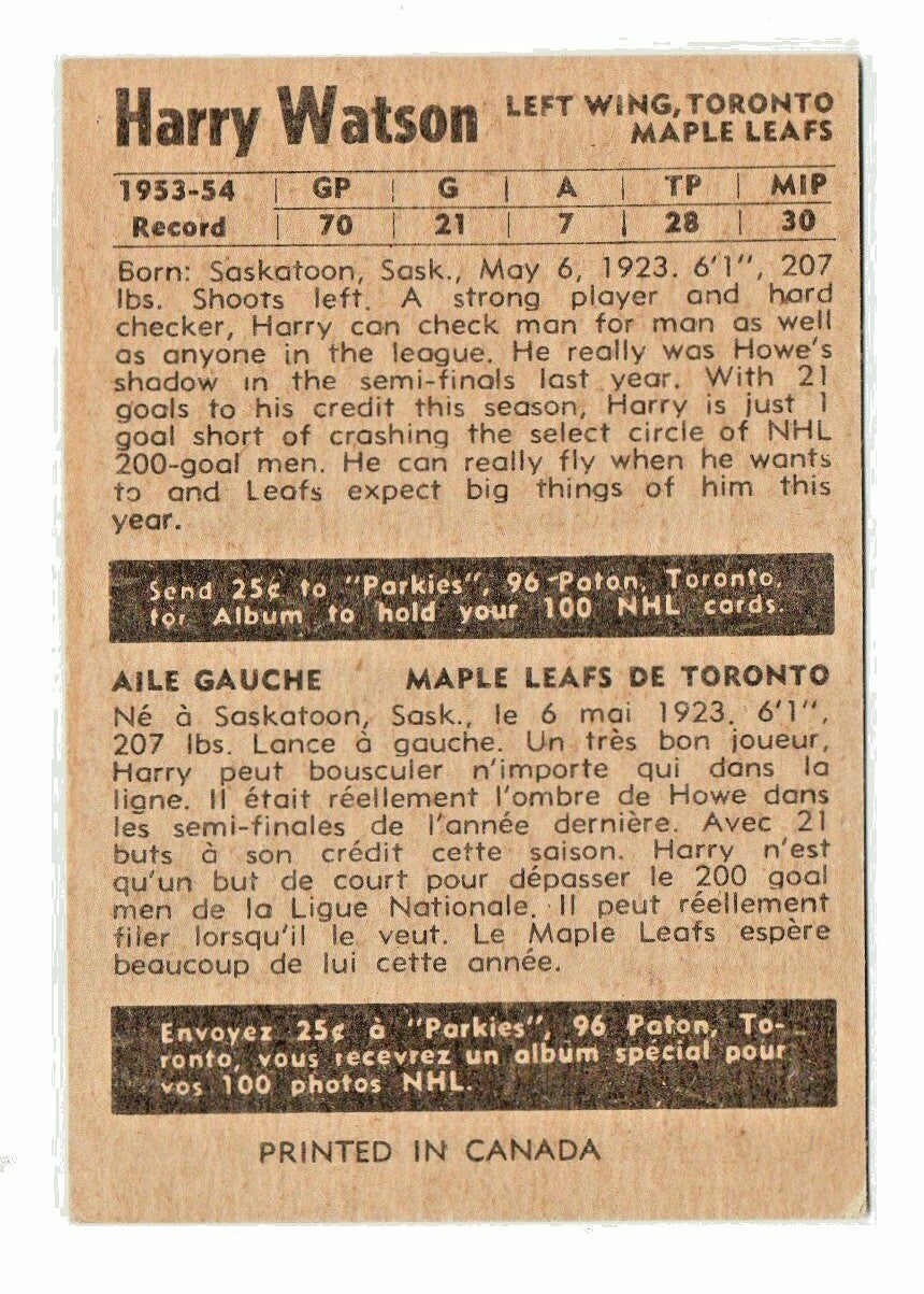 1954-55 PARKHURST HARRY WATSON #17 TORONTO MAPLE LEAFS BIO BACK 