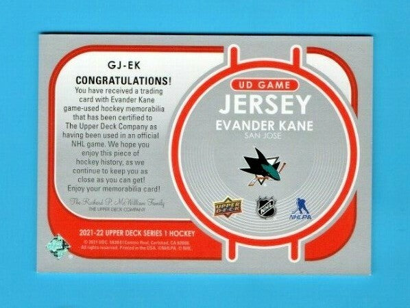 Evander Kane Ud Game Jersey 2021-22 GJ-EK San Jose Sharks - Oilers - Aqua