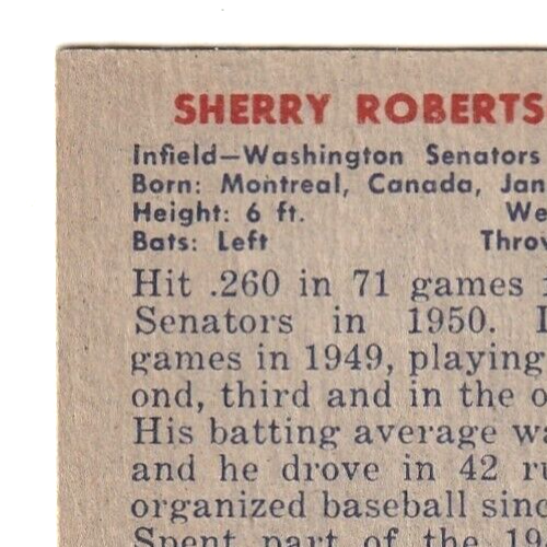 1951 Bowman  -  Sherry Robertson    -  Wasington Senators  #95   EX- EX+