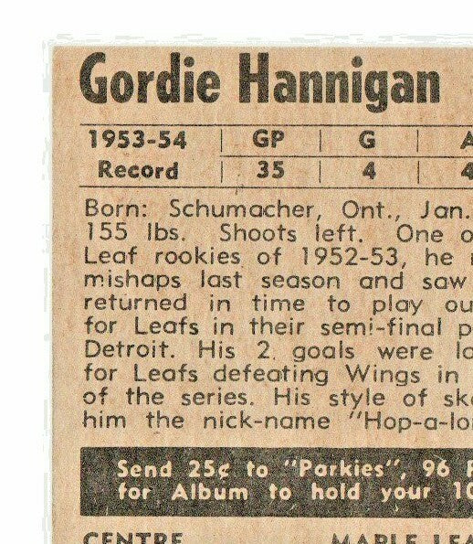 1954-55 PARKHURST #27 GORDIE HANNIGAN - Toronto Maple Leafs --  EX-EX+