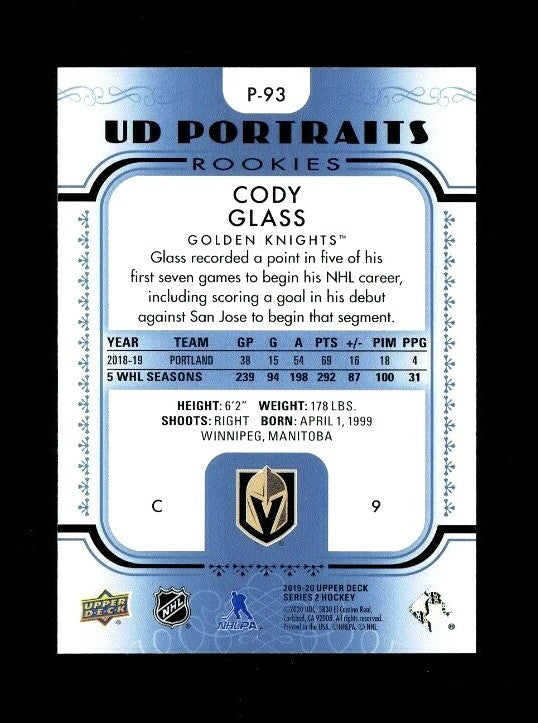  2019-20 Series 2 Portraits Platinum Blue Foil Rookie P-93  CODY GLASS 19/25