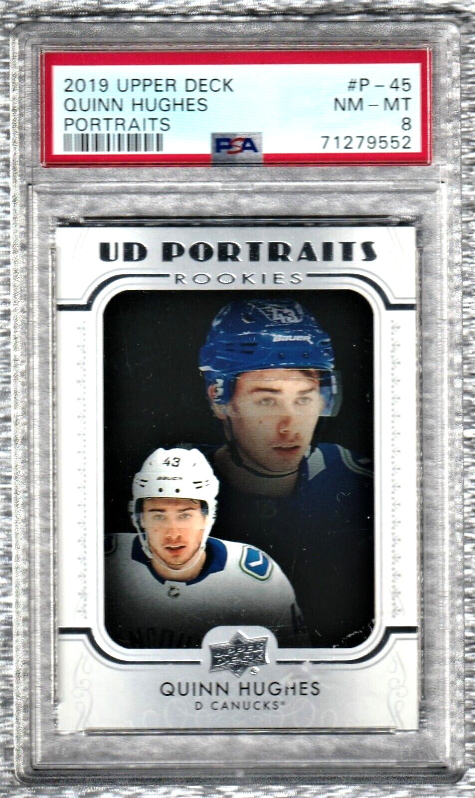 2019 Upper Deck UD Portraits   Quinn Hughes   Canucks ROOKIE #P-45 PSA 8 NM-MT