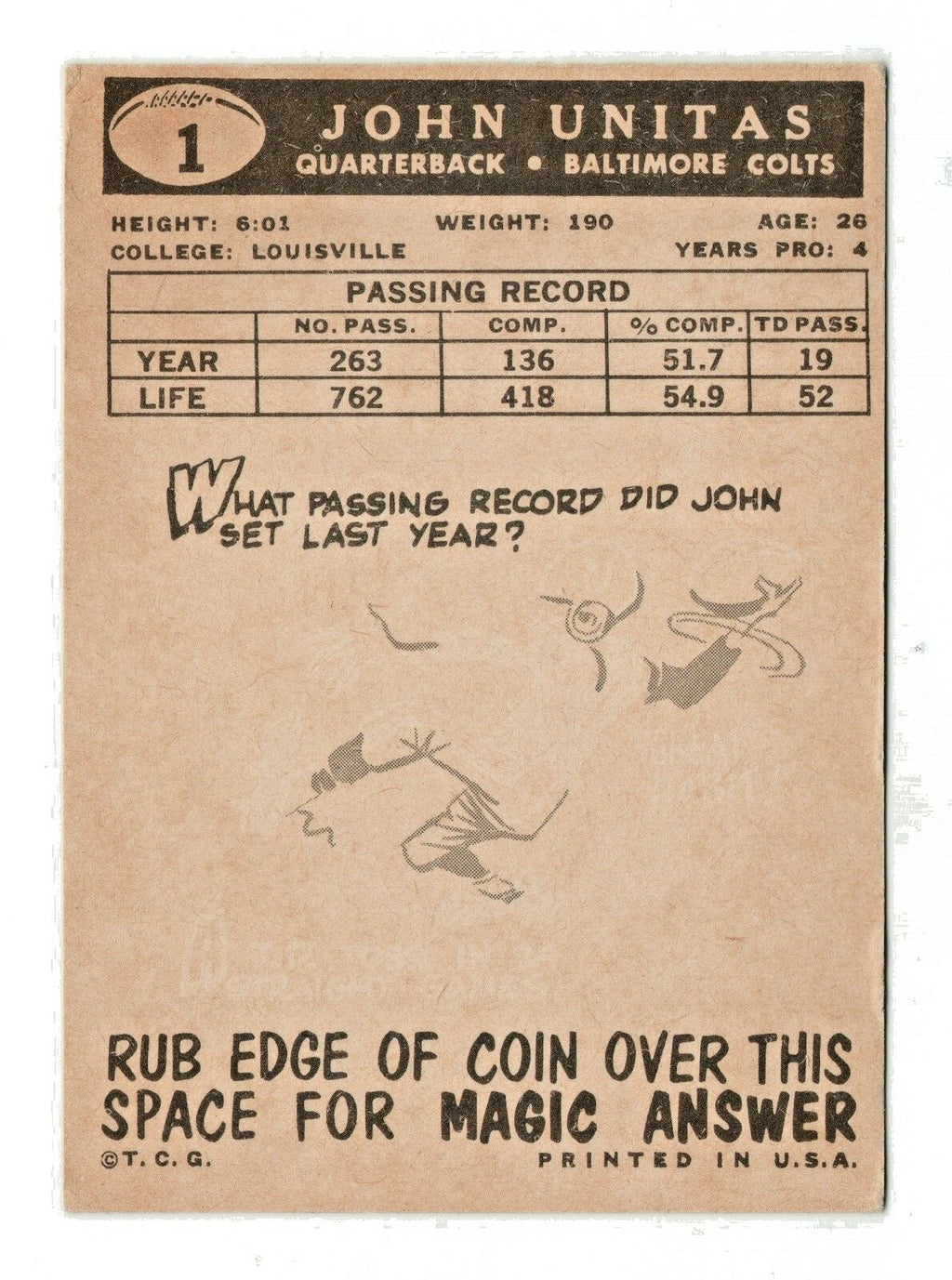 1959 TOPPS FOOTBALL    JOHNNY UNITAS   CARD # 1 VG-EX  -  Baltimore Colts Legend