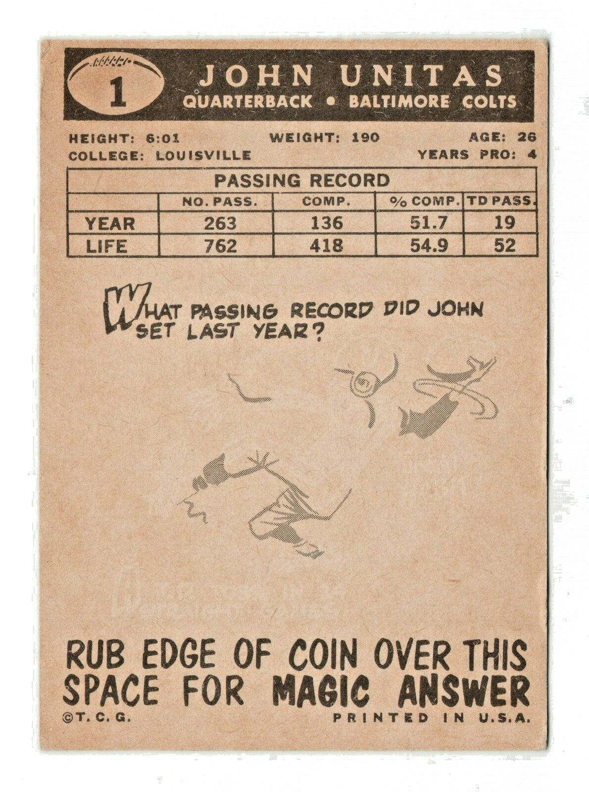 1959 TOPPS FOOTBALL    JOHNNY UNITAS   CARD # 1 VG-EX  -  Baltimore Colts Legend