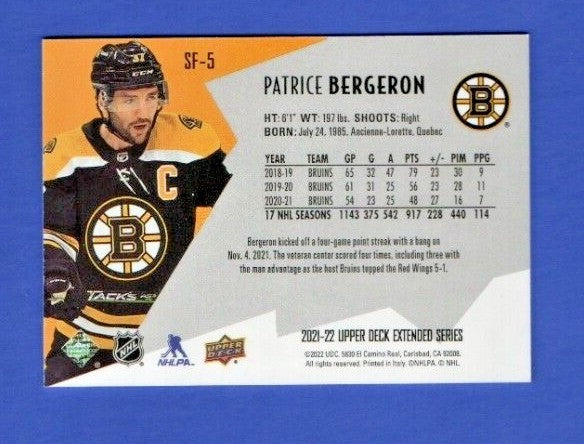 Patrice Bergeron  2021-22 UD Extended SPxFinite Radiance Silver #SF-5  0429/2999