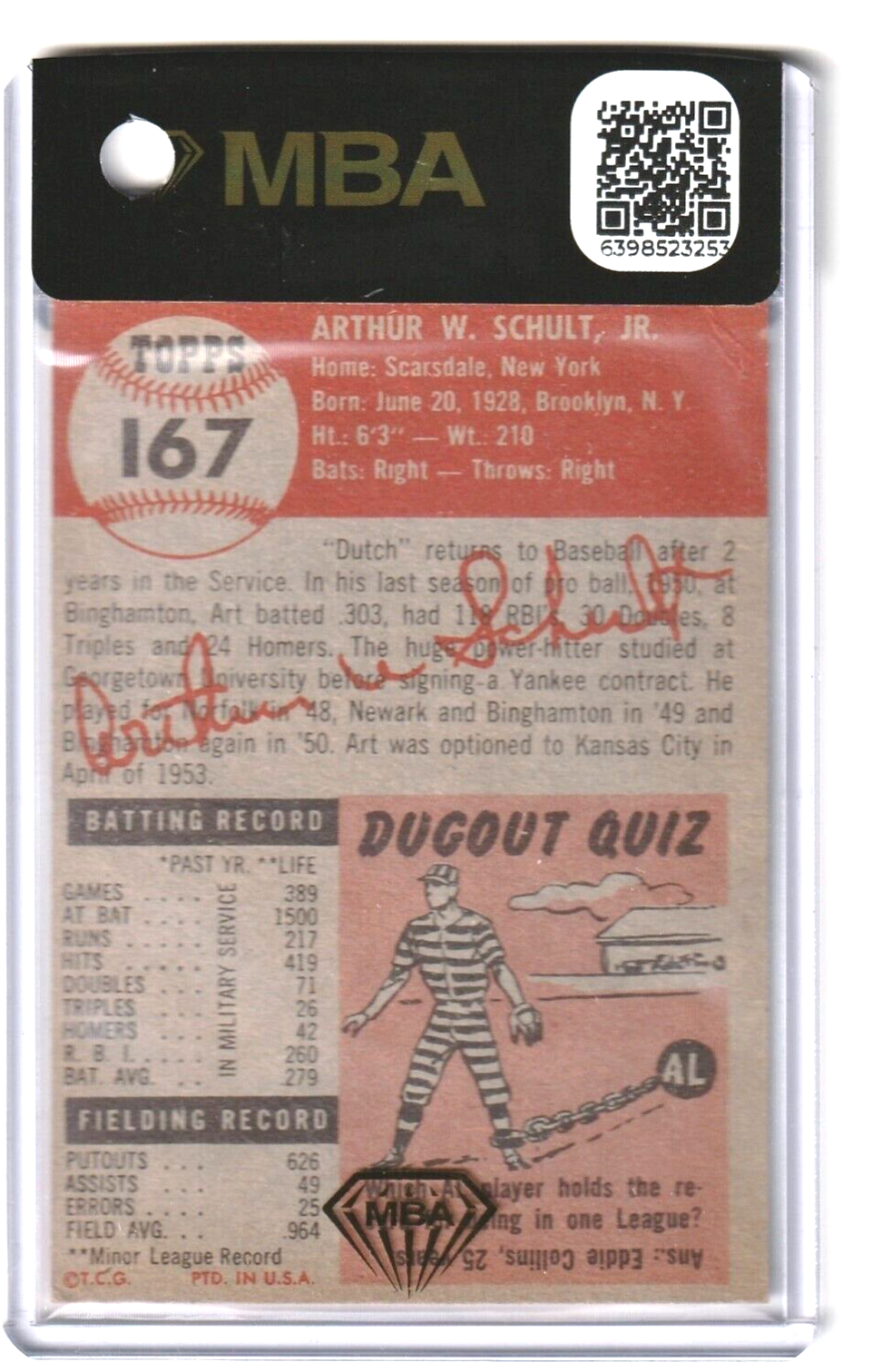 1953 Topps    -    Art Schult  #167   -  MBA AUTHENTIC     -    New York Yankees
