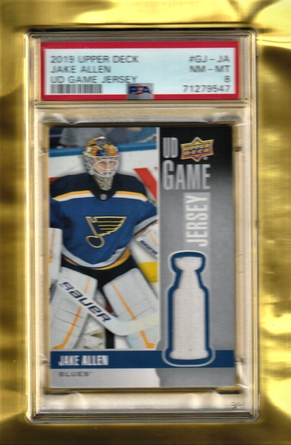 2019 Upper Deck Game Jersey  -  Jake Allen  -  PATCH #GJ-JA PSA 8 NM-MT