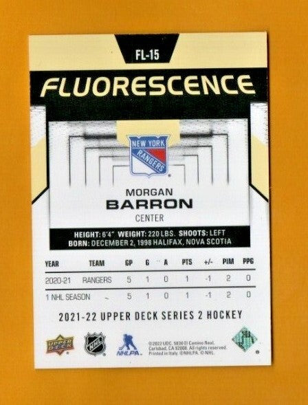 2021-22 UD Series 2 Hockey  MORGAN BARRON  Fluorescence GOLD  028/150-  FL-15