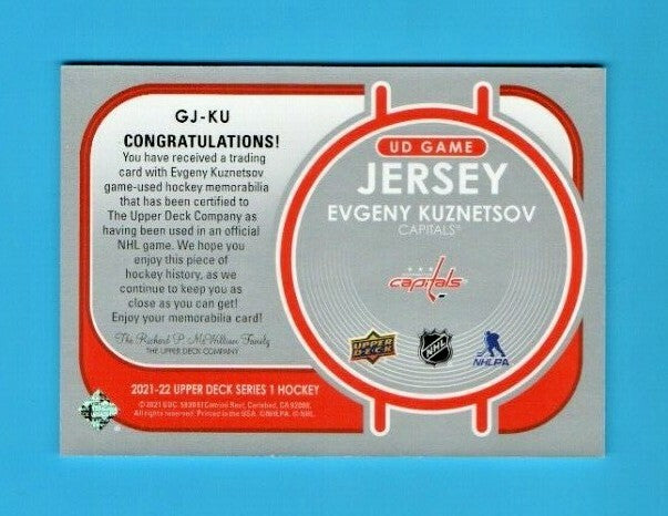 2021-22 UD Series 1 Evgeny Kuznetsov UD Game Jersey - GJ-KU  -  Capitals  -  Red