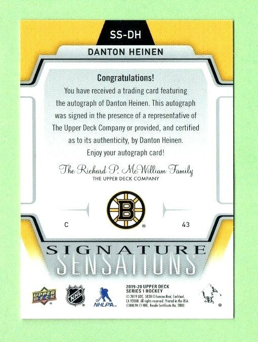  2019-20 UPPER DECK DANTON HEINEN SIGNATURE SENSATIONS AUTOGRAPH BOSTON  BRUINS
