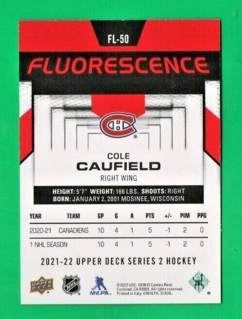 2021-22 UD Series 2 Hockey  COLE CAULFIELD Fluorescence RED   FL-50 Canadiens