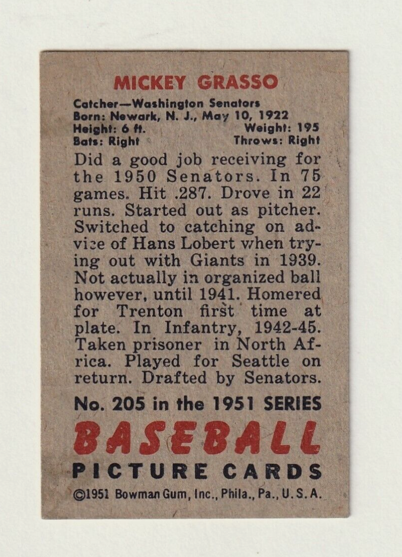 1951 Bowman #205:  -  MICKEY GRASSO   -   "Washington Senators"  NRMT-MT