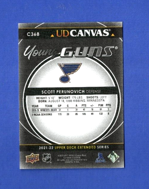 2021-22 Upper Deck Young Guns Black Canvas Rookie Card Scott Perunovich  - Blues
