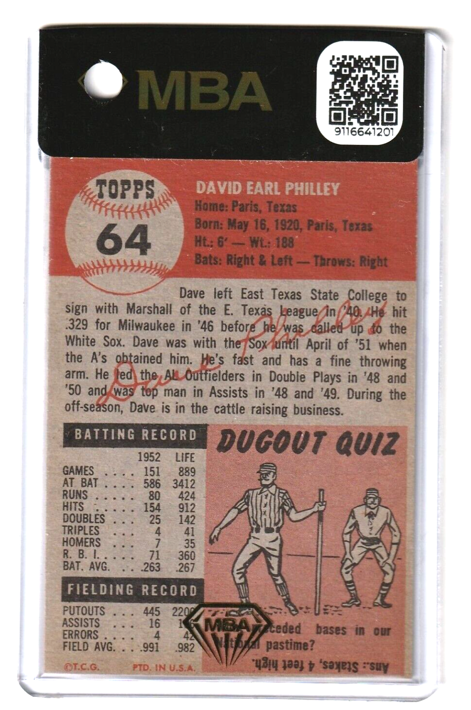 1953 Topps  Dave Philley  SHORT PRINT #64  MBA AUTHENTIC -Philadelphia Athletics