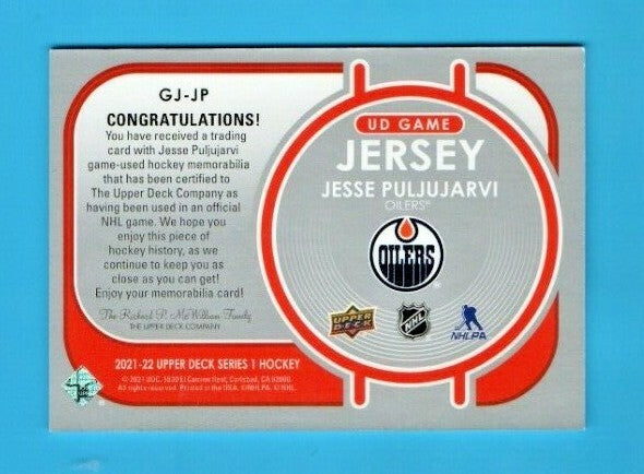 #GJ-JP Jesse Puljujarvi UD Game Jersey - Red  Patch - 2021-22 Series 1  - Oilers