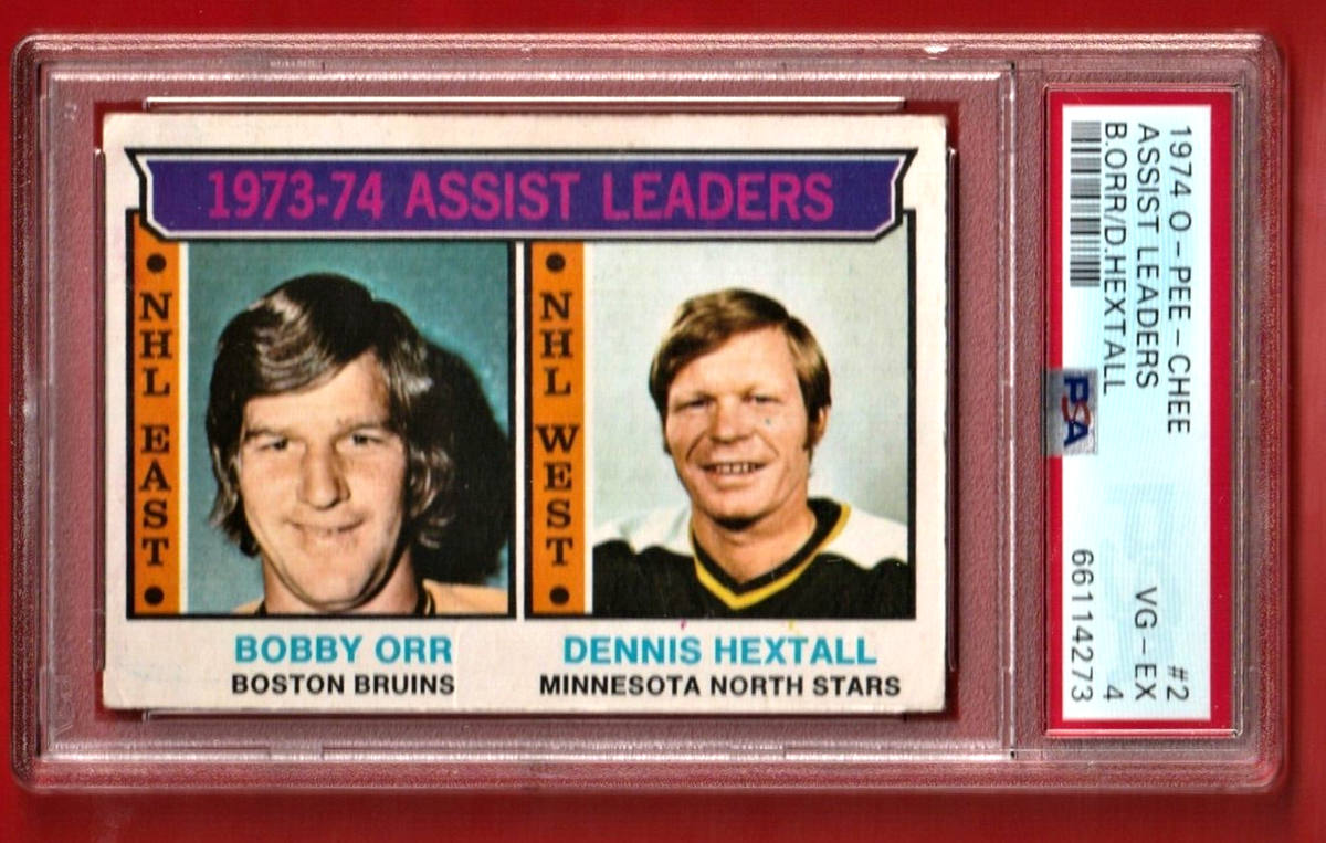 1974 O-Pee-Chee   -   Bobby Orr  -  Dennis Hextall  - Assiat Ldrs #2 PSA 4 VG-EX