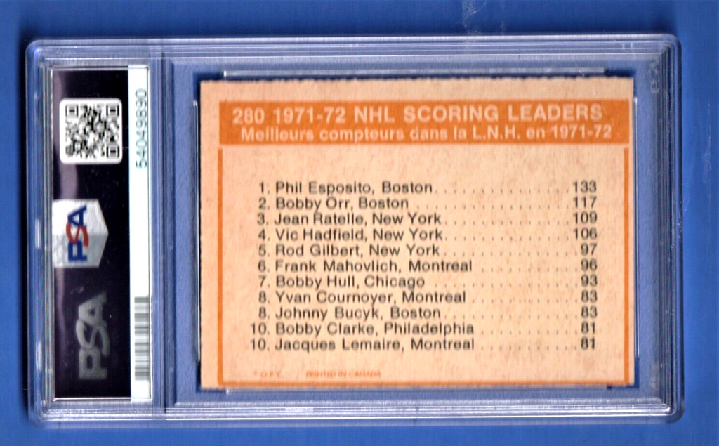 1972 O-Pee-Chee Phil Esposito-Bobby Orr-Ratelle Scoring  Leaders  #280  PSA 5 EX