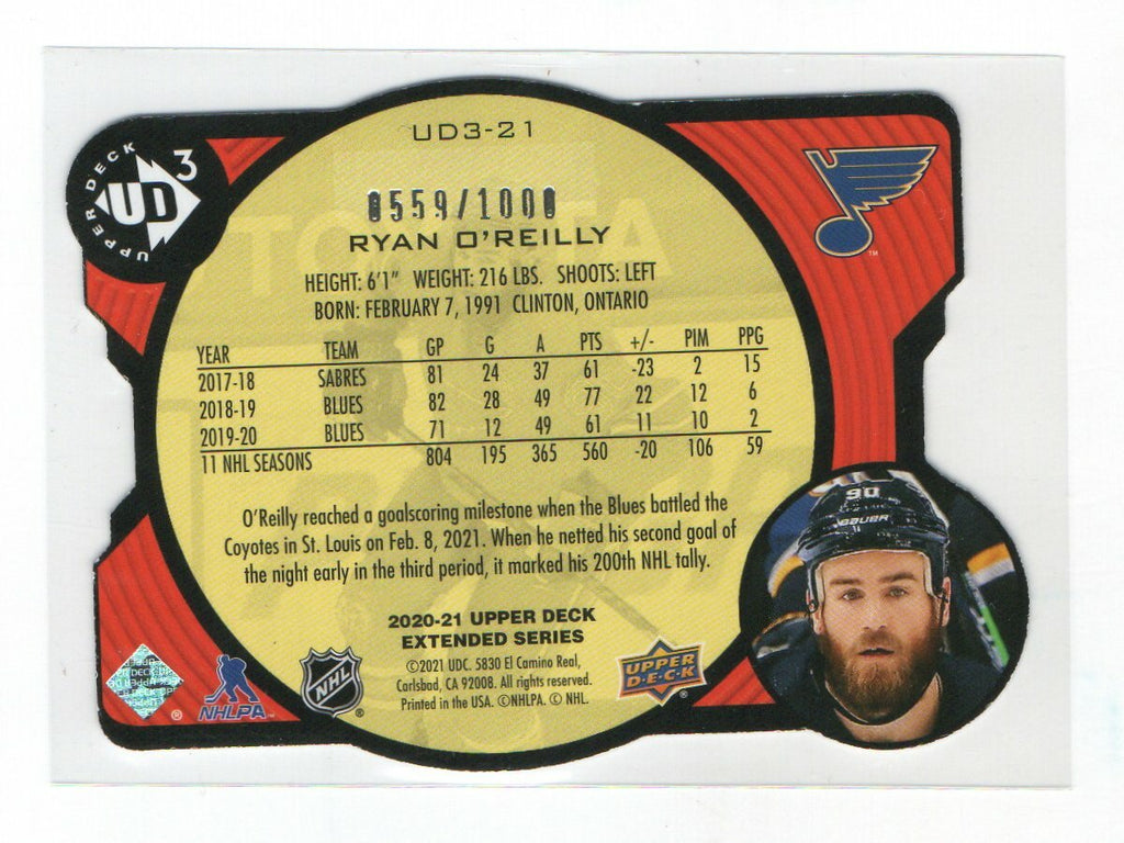 2020-21 UD Extended RYAN O'REILLY- DIE CUT INSERT #UD3-21 Blues  0559/1000